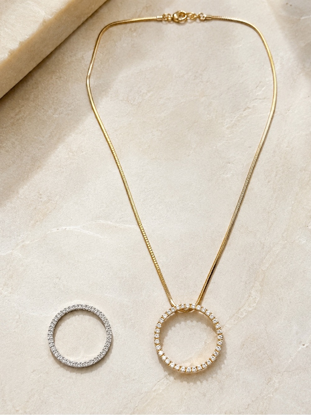 Gold Tone Rhinestone Circle Pendant Necklace + Silver Rhinestone Circle Pendant